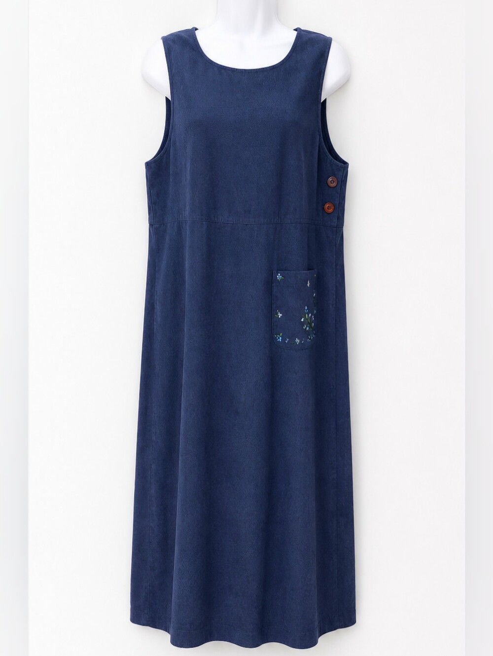 0148 Talbots Petite Size 8 Blue Stretch Sleeveless Dress Embroidered Floral Vtg